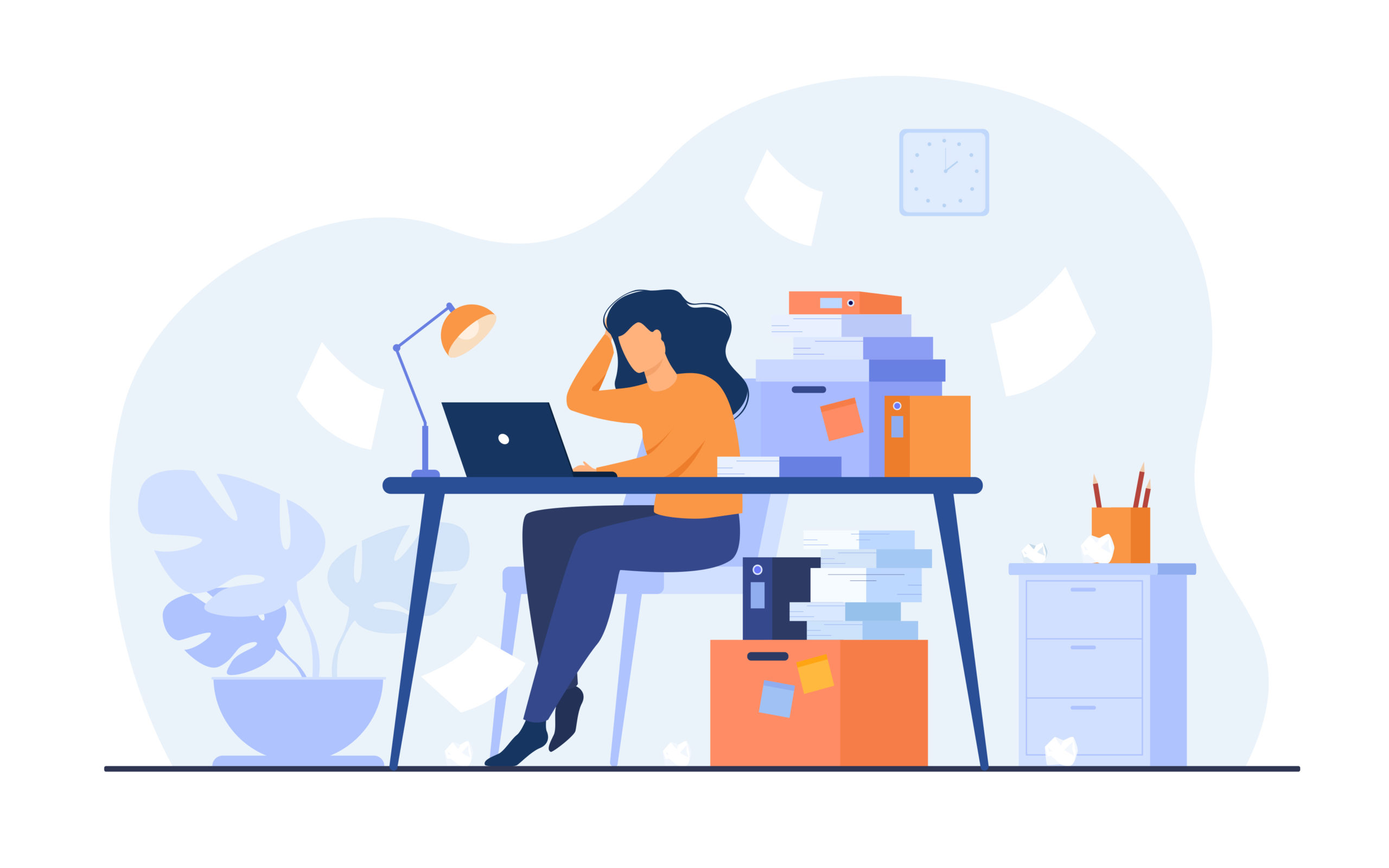 Cartoon exhausted woman sitting and table and working isolated flat vector illustration. Tired businesswoman with professional burnout syndrome. Tiredness and trouble concept