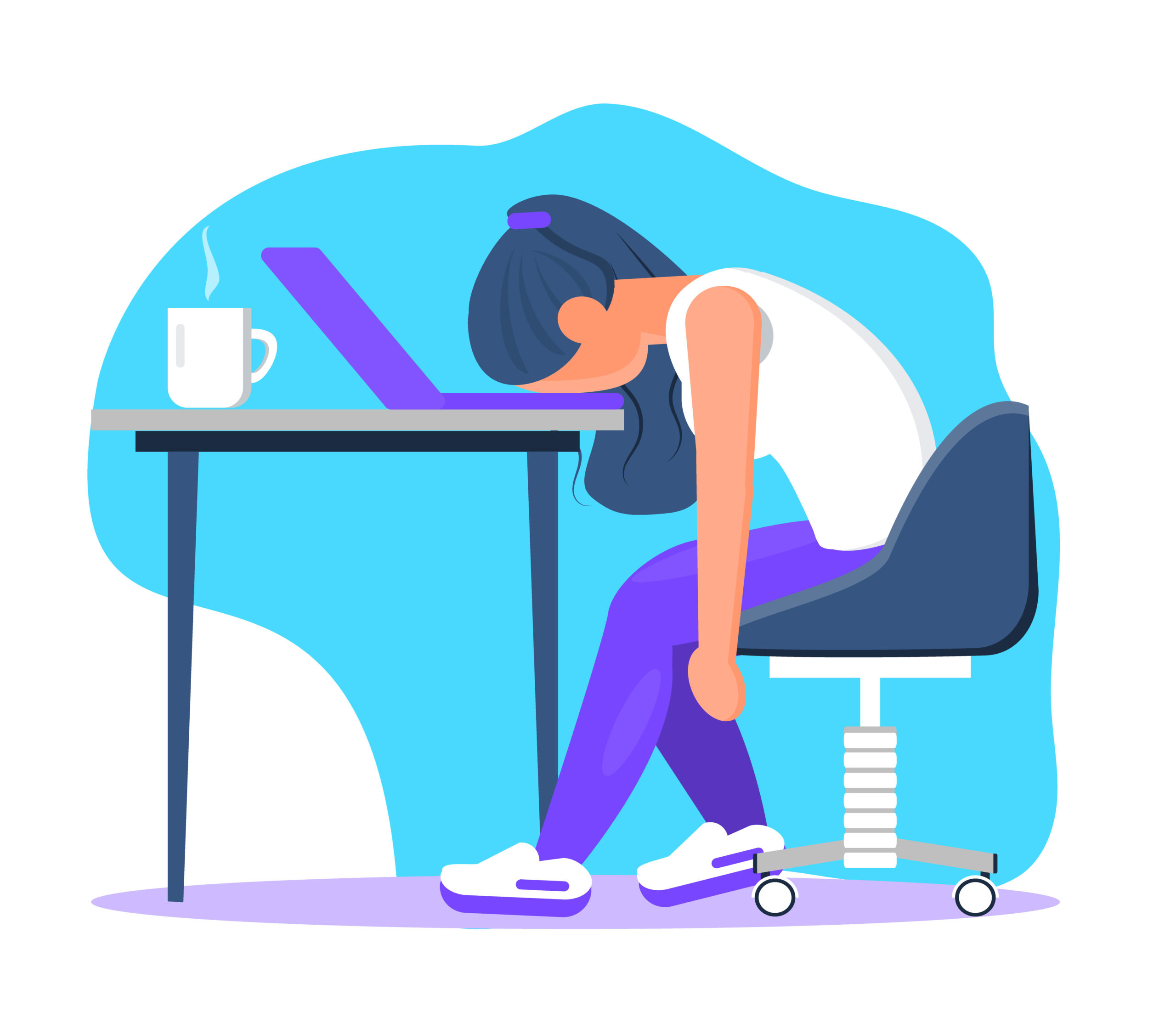 Burnout in professional life, emotional collapse concept vector. Tired frustrated freelancer is sitting at the table. Young woman in stress in the office. Brainstorming is out. Unsolved working tasks.